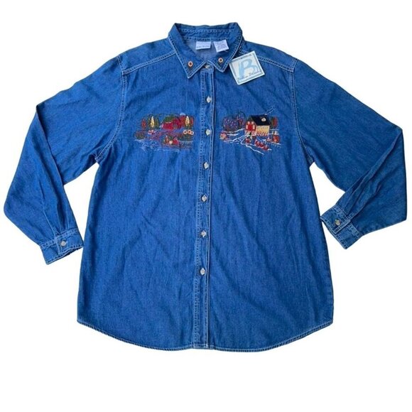 Vintage Bobbie Brooks SIZE XL Denim Cottagecore Button Up w Fall Embroidery - Picture 9 of 9